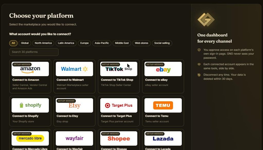 GNO Connect a Platform page with marketplace logos