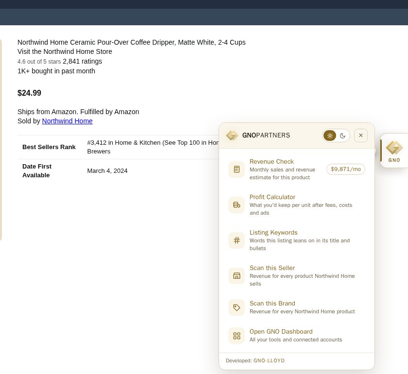 GNO Revenue Checker menu on a sample Amazon product page: revenue check, profit calculator, listing keywords, scan seller and brand