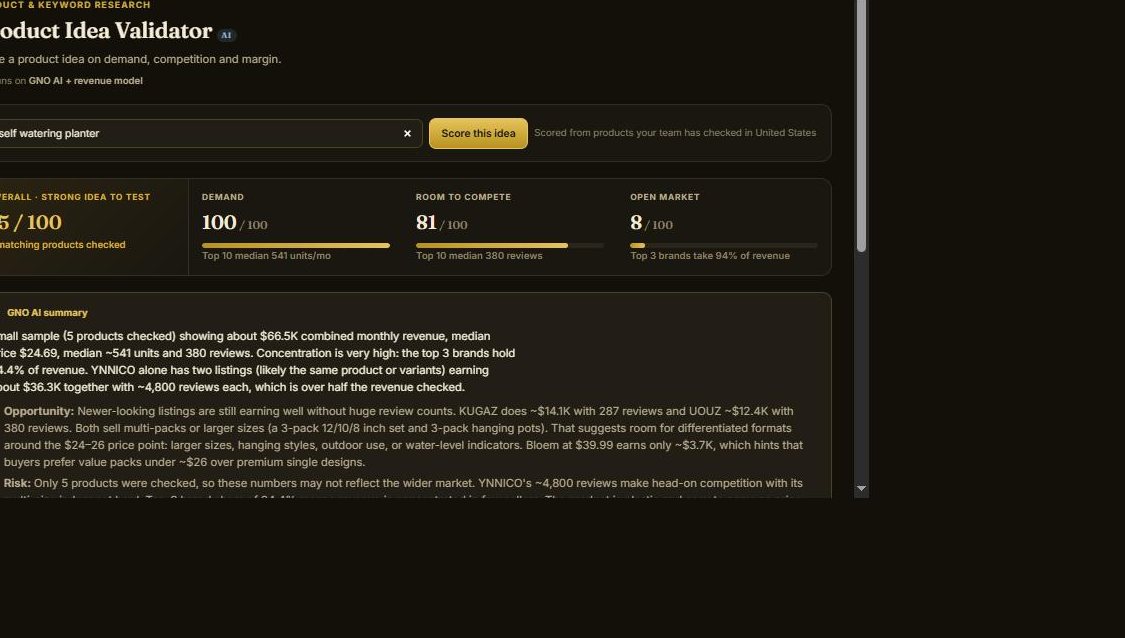 Product Idea Validator scoring 'self watering planter' 75 out of 100 with an AI summary