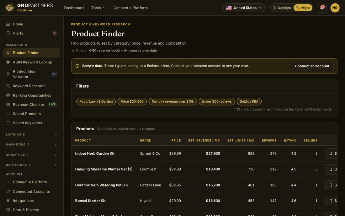 Product Finder: Search checked products by revenue, reviews and fulfilment, across 30 marketplaces.