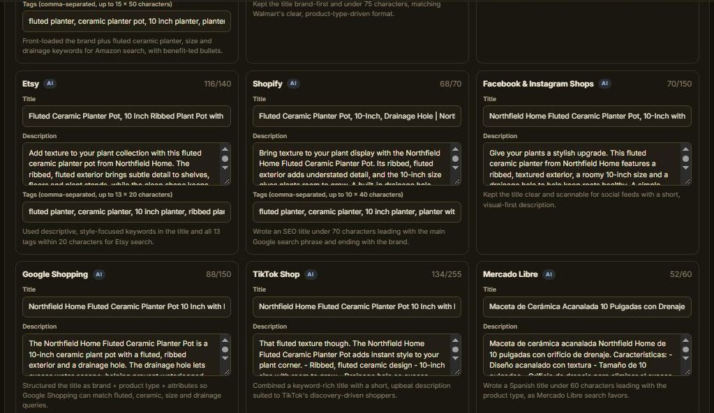 AI listings per channel: Titles, descriptions and tags written to each channel's rules, even in Spanish.