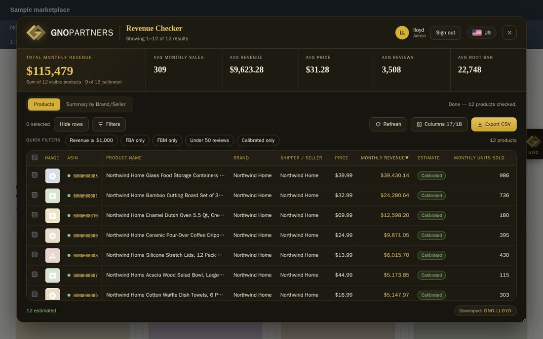 Check any seller: Every product on a seller's storefront with its monthly revenue and sales.